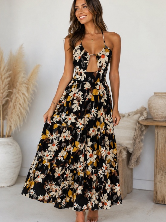 Angie Dresses & Skirts - Angie Floral Halter Maxi Dress - Black, White & Mustard